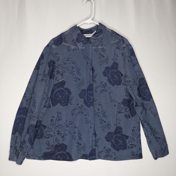 Alfred Dunner Button Shirt Womens 16 Blue Sheer Metallic Rose Witchy Whimsigoth - Picture 1 of 10